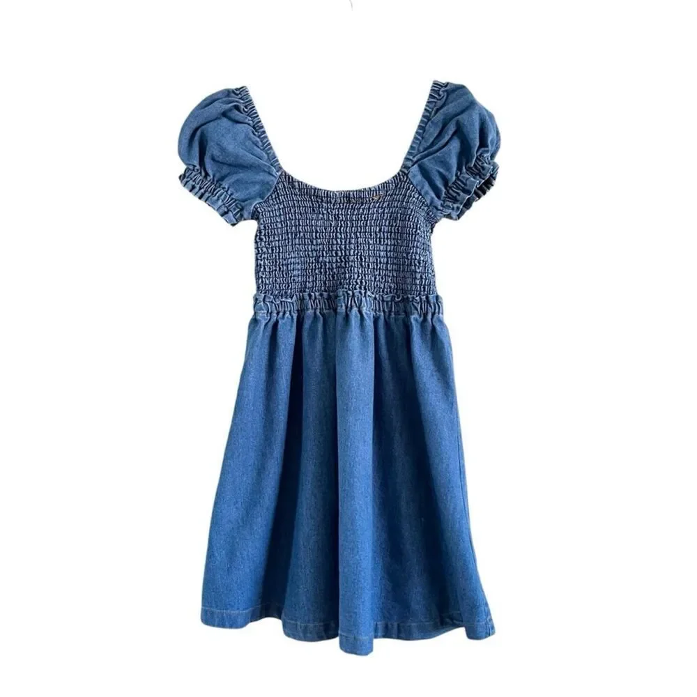 Girls Jolie & Joy Denim Smocked Puff Sleeve Dress